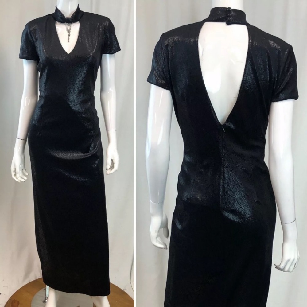 Vintage Lori Weidner 10 Black Shimmer Keyhole Embellished Open Back Maxi Dress M